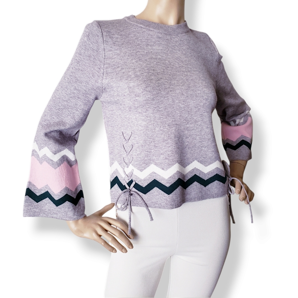 Gray & Pink Side Lace Up Chevron Stripe Sweater by Pinklicious